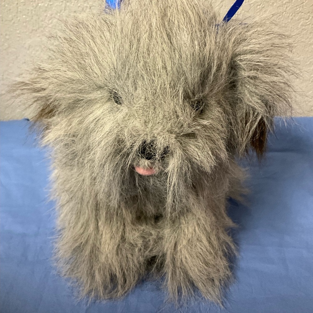 C.W. International Inc. Plush Gray and Brown Furry Dog W Bows on Ears
